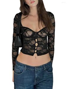 Blouses Femmes Femmes Été Ajusté Chemise Transparente Hauts Noir À Manches Longues Maille Dentelle Florale Sortie Blusa Feminina Streetwear