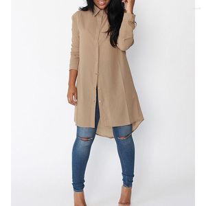 Femmes Blouses Femmes D'été Lâche Chemisier Décontracté Chemises Blusas Solide À Manches Longues Chemise Bouton Dos Asymétrique Dames Top Plus La Taille 2 XL