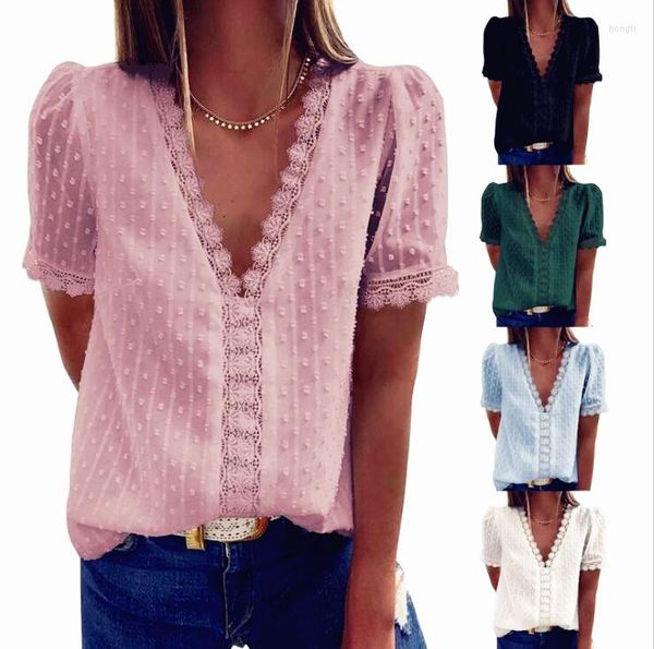 Blouses Femmes Femmes Été Volants Dentelle Crochet Tops Tees Plus Tailles Sexy Col En V À Manches Courtes Bow Chemise Casual Femme Blouse Chemises Boho