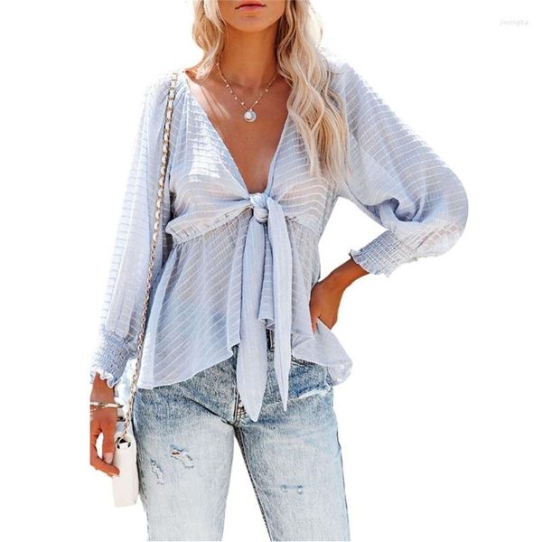 Blusas de mujer Verano de mujer Sexy Cuello en V profundo Corbata delantera Camisas con nudo Puff Blusa de gasa de manga larga Color sólido Fluido con volantes Peplum Top