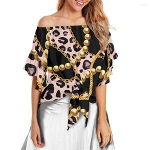 Damesblouses Dames Zomeroverhemd Wijd uitlopende mouwen Off-the-shoulder Geknoopte zoom Europese stijl Barok Retro Gouden ketting Bedrukte kleding