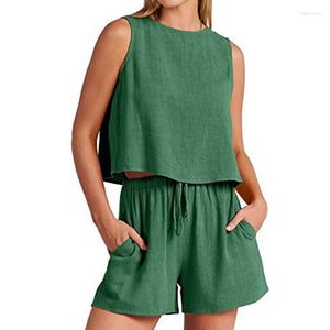 Femmes Blouses Femmes D'été Sans Manches Coton Blouse Tops Cordon Décontracté Shorts 2 Pièce Costume Lâche O-cou Poche Deux Ensemble Tenue 26306