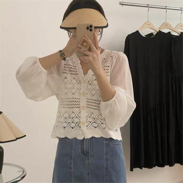 Blouses pour femmes femmes été printemps en mousseline de soie bouffée à manches longues Cardigan haut court creux Crochet tricot col en v bouton pull ample veste