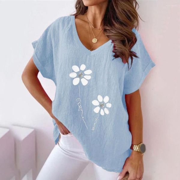 Blusas de mujer, camiseta de verano para mujer, camiseta Floral con cuello en V, camiseta suave transpirable para longitud media, ropa holgada, camisa para mujer, manga de murciélago