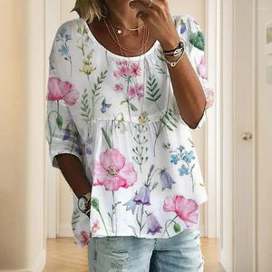 Boderas para mujeres Camiseta de verano Flower/hojas de flores Portuos Big Hem Big Lady Blusa plisada O Neck