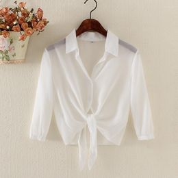 Dames blouses dames zomer dunne vest zonbescherming kleding veter stropdas voorste blouse shirt strand strand slijtage korte chiffon cover-ups