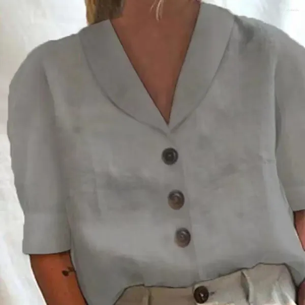 Blusas de mujer Mujeres Top de verano Camisa casual elegante con cuello de solapa Mangas cortas Diseño de un solo pecho Sólido para