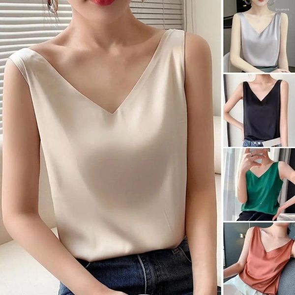 Blouses Femmes Femmes Été Gilet Soyeux Col V Sans Manches Lâche Coupe-Bas Match Pantalon De Base Couleur Unie Camisole Satin Tops Sexy Réservoir Fée