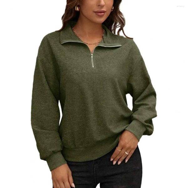 Blouses pour femmes Sweat-shirt féminin Blouse de couleur solide d'hiver d'automne avec détail à glissière en vrac à manches longues pour décontracter
