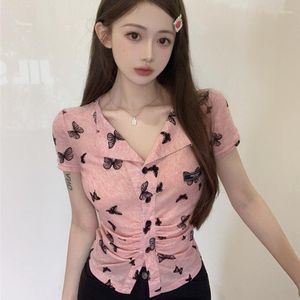 Chemisiers pour femmes Femmes Sweet Pink Chemise à manches courtes 2023 Summer Lady Y2k Style Papillon Chemises à simple boutonnage Korean Fashion Street Slim