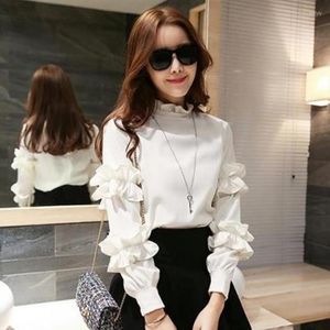 Blouses pour femmes femmes doux à volants en mousseline de soie Blouse col roulé à manches longues mignon femme décontracté mode blanc noir chemise élégant hauts Blusas