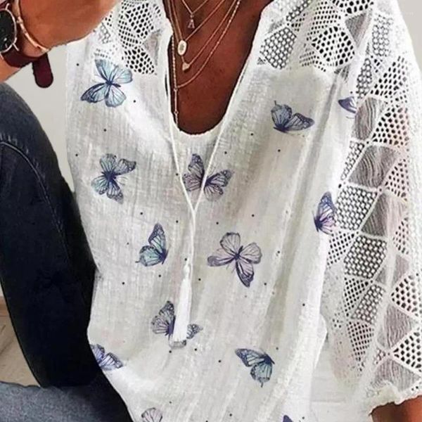 Blusas de mujer Camiseta para mujer Impresión de mariposas Ahueca hacia fuera Jersey suelto Media manga Ropa diaria Borla Longitud media Top Ropa femenina