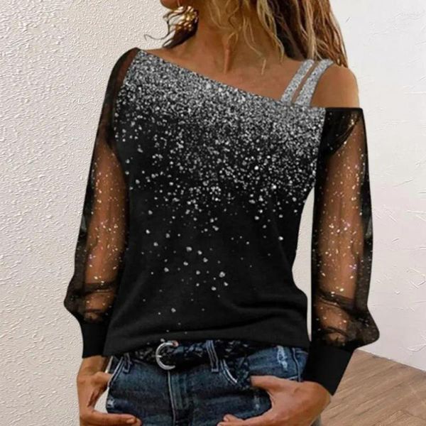 Chemisiers pour femmes femmes haut élégant paillettes maille une épaule Blouse printemps automne à manches longues Patchwork T-shirt doux décontracté trajet