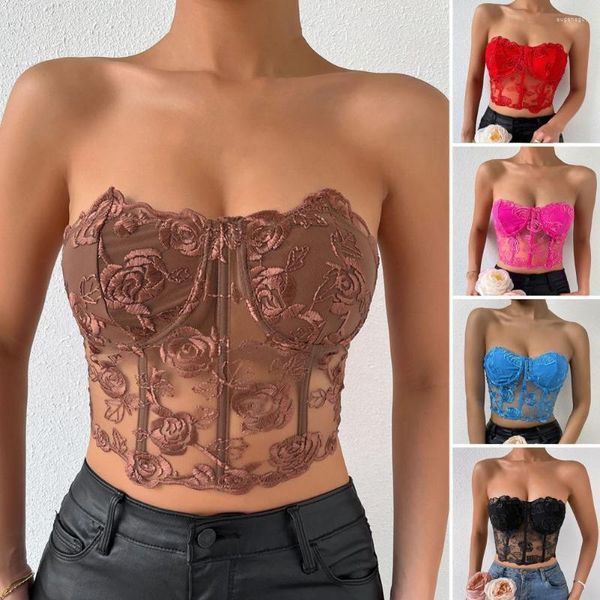 Blouses pour femmes femmes haut broderie Rose fleur motif transparent sans bretelles Corset doux dentelle Bandeau sous-vêtements femme vêtements