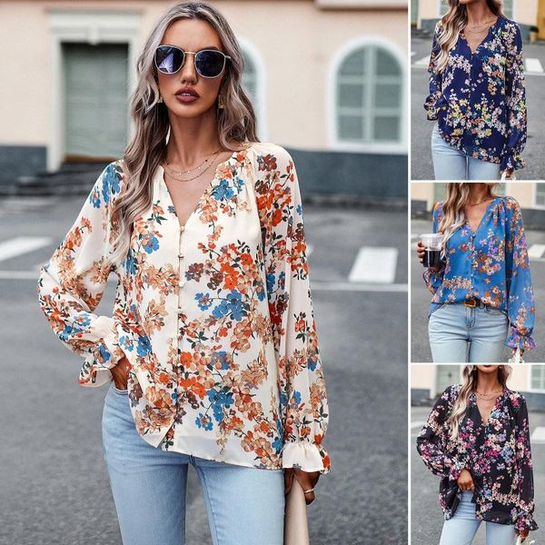 Blouses Femmes Femmes Top Femme Floral Vintage Blouse Streetwear Y2k Automne Tenues Manches Longues 2000s Vêtements Esthétique