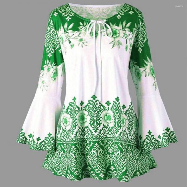 Damesblouses Dames Top Bloemenprint Hoornmouwen Damesoverhemd A-lijn Losse zoom Veters Ronde hals Vrouwelijke blouse Contrastkleur Strakke taille