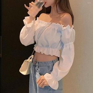 Blouses Femmes Femmes Top Off Épaule Nombril Fuite Longue Manches Bouffantes Col Bateau Bandeau Plissé Casual Tube D'été Chemise Club Wear