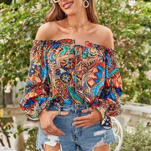 Damesblouses Dames Top Off-shoulder Shirring Backless Lange mouw Kleurrijke print Lace-up Losse lantaarn Zachte vakantieblouse Dame