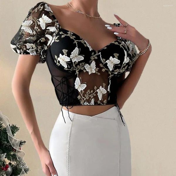 Blouses pour femmes Top Top Elemy Broidered Mesh Cropt with Swewstring Detail V-Neck Floral à motifs floraux Blouse For-Through For Trendy