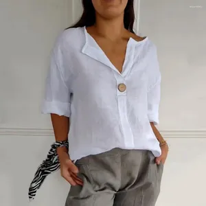 Dames blouses dames top stijlvolle v-neck knop decor tee shirt casual 3/4 mouw stevige kleur losse fit pullover voor de zomer