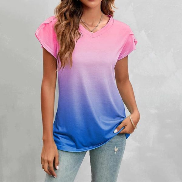 Chemisiers pour femmes Haut pour femme Col en V Pétale Manches Dégradé Contraste Couleur Lâche Usage Quotidien Mi-Longueur Mince Tie-dye Lady T-shirt Femme Vêtements