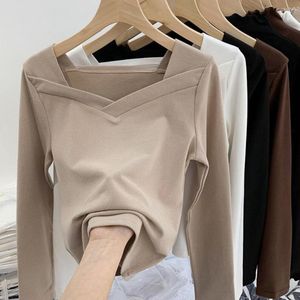 Blusas de mujer, Top de invierno con cuello cuadrado, jersey de manga larga, ropa básica de poliéster ajustada para mujer