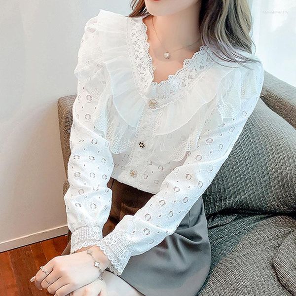 Blouses pour femmes haut pour femme Blusas mode dentelle femme printemps manches longues volants chemises blanc bureau travail porter