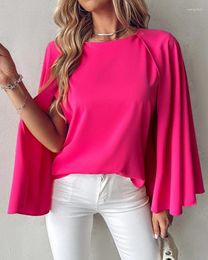 Blouses pour femmes Hauts pour femmes Chemise de travail élégante Casual 2024 Mode d'été Couleur unie Col rond Cape à manches longues Top Tunique de vacances