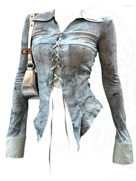 Blouses Femmes Femmes Tops Coréen Mode Lace Up Gyaru Y2k Top Printemps 2024 Casual Élégant Manches Longues Chic Streetwear Chemises Vintage