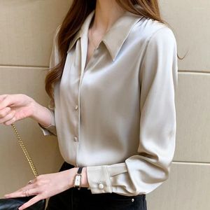 Damesblouses dames tops dames v-neck vintage blusas femininas satijnen shirt retro modelong mouw blouse elegante kantoorkleding 1486