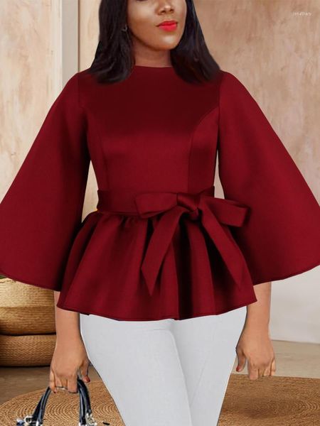 Blouses pour femmes haut pour femme chemises manches longues évasées Peplum O cou avec ceinture élégante automne 2023 mode Bluas femme africaine