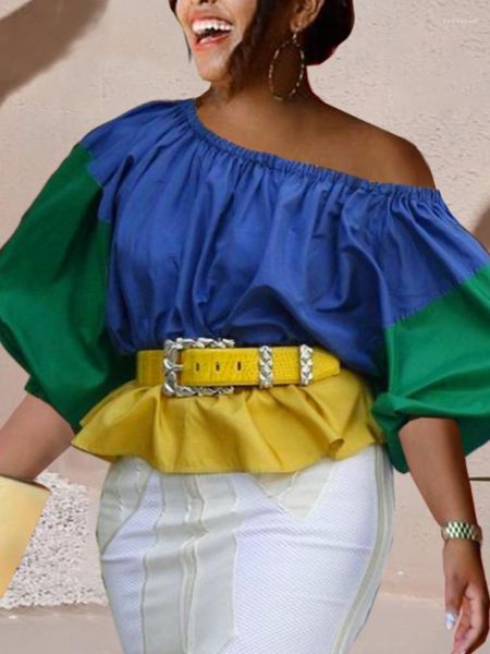 Chemisiers pour femmes haut pour femme chemises manches longues lanterne col oblique contraste couleur élégant automne 2023 mode Bluas femme africaine