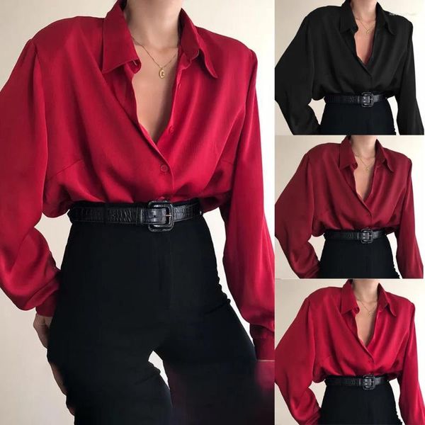 Blouses pour femmes Femmes Bouchons de couilles de col Lame Loue Blouse décontractée à manches longues Loose Ol Red / Wine Shirt Band Tops Bouton