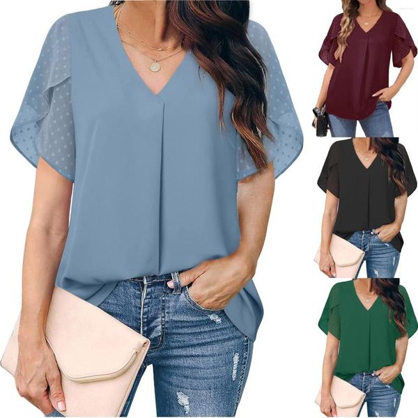 Women's Blouses Women V Neck Chiffon Plain Color Blouse Pleated Womens Short Sleeved Shirts Dressy Tops Cotton Button Shirt For