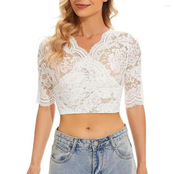 Blouses Femmes Femmes Col V-Col Dentelle Top Épissage Crop Tops élégants Camisoles à col en V transparent avec fleur pour un