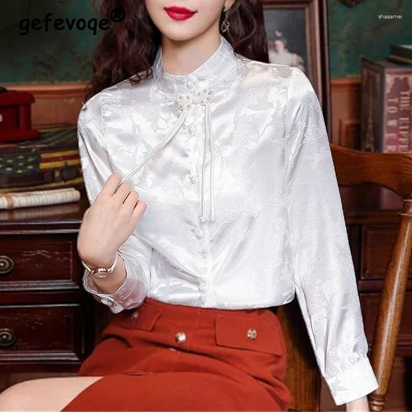 Boderas para mujeres Mujeres Vintage Estilo chino Camisas de botón con cuentas elegante Collar Jacquard Satin Femenino Long Sleim Chic Tops