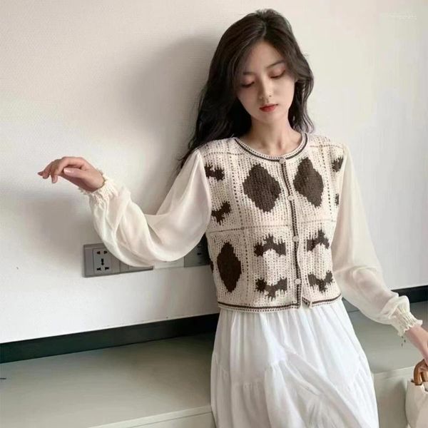 Blouses Femmes Femmes Vintage Crochet Crop Top Cardigans Sexy Col En V Blouse Tops Creux Tricoté T-shirt Doux Court Pour L'automne