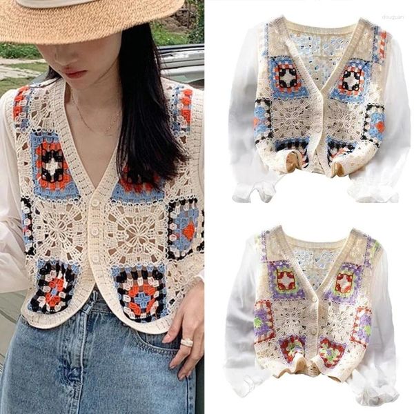 Blusas de mujer Vintage Crochet Crop Top Cardigans Sexy blusa con cuello en V Tops camiseta de punto