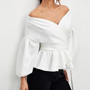 Chemisiers pour femmes Femmes Vintage Chemises à manches lanterne Sexy Off Épaule Wrap Col en V Solide Couleur Blouse Cravate Taille Bowknot À Volants Ourlet Décontracté