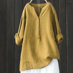 Blouses Femmes Femmes Vintage Plus Taille Coton Lin Chemises Lâche Casual Couleur Unie À Manches Longues Chemisier Tunique Élégante Taille Hauts