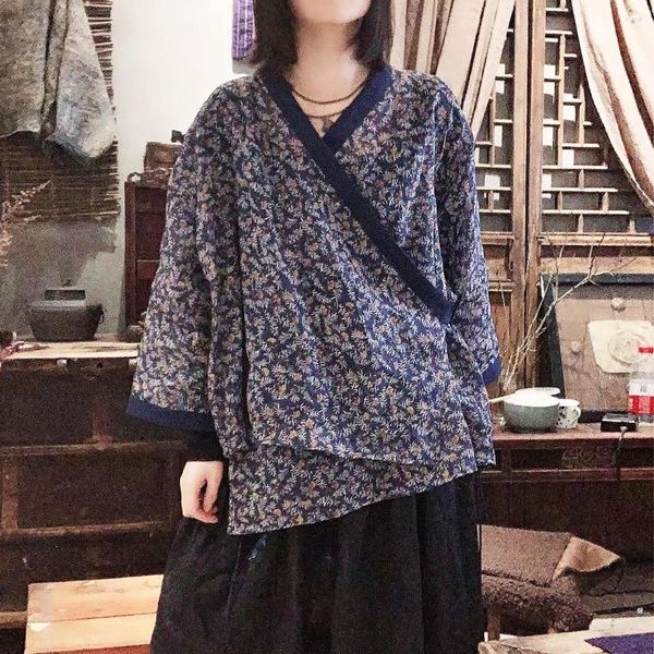 Blouses Femmes Femmes Vintage Imprimer Floral Kimono Chemises Col V Style Japonais Tops Cardigans 2022 Printemps Ramie Haute Qualité