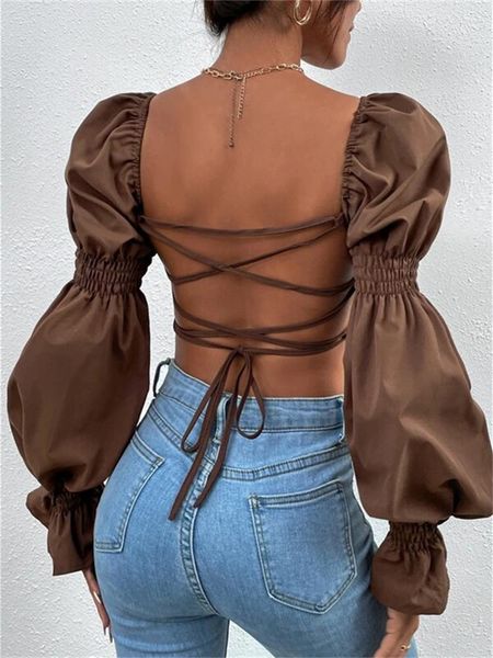 Blouses femmes femmes Vintage manches bouffantes Blouse chemises couleur unie longue col carré Corset haut court automne Sexy élégant hauts et