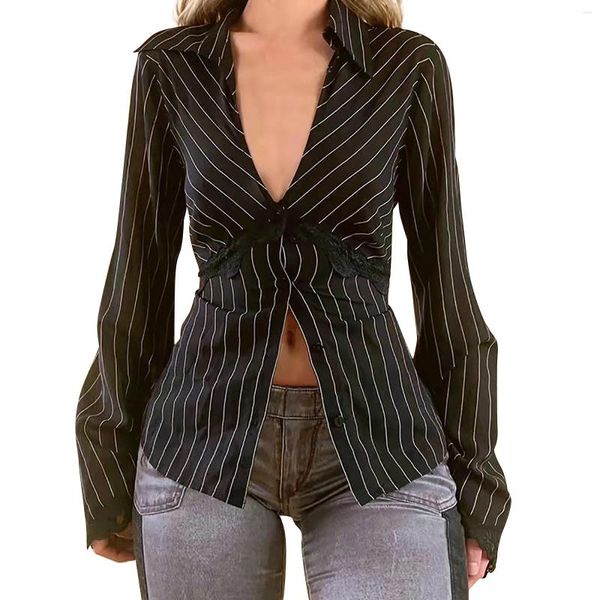 Blouses Femmes Femmes Vintage Stripe Chemises imprimées Dentelle Mode Col V Profond Cardigan Blouse À Manches Longues Revers Boutonné Slim Tops