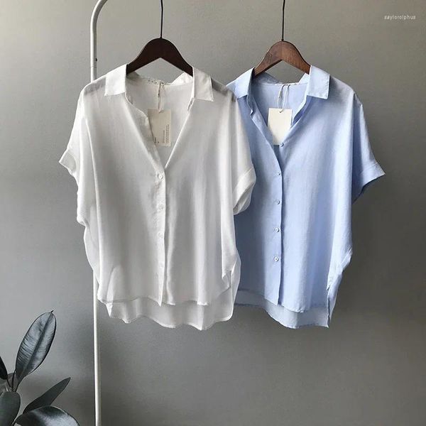 Blouses Femmes Femmes Blanc Bleu Été Lin Chemise Mince Légère Lâche Manches Courtes Boutonné Col Filles Mode Streetwear Bureau Porter