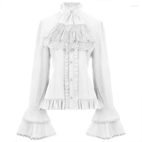 Blusas de mujer Camisas de encaje con lazo blanco para mujer Camisa medieval con volantes gótica victoriana renacentista Ropa de disfraz de Halloween