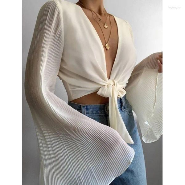 Blouses Femmes Femmes Blanc Crop Tops Blouse En Mousseline De Soie Longue Flare Manches À Lacets Couverture Plage Automne Chemise Solide