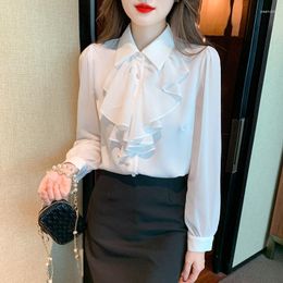 Damesblouses Dames Witte Ruches Chiffon Shirts Koreaanse Mode Kleding Causaal Blusas Mujer Elegant Kantoor Dames Tops Herfst Winter