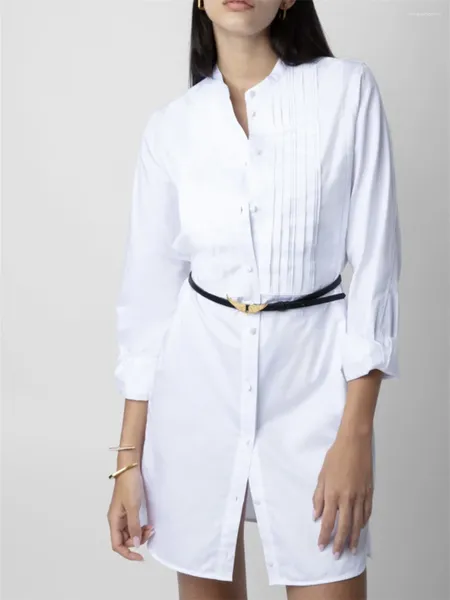 Blouses Femmes Femmes Wing Broderie Robe à poitrine unique à manches longues Slit Hem Élégant Blanc Été Femme Collier Mini Robe