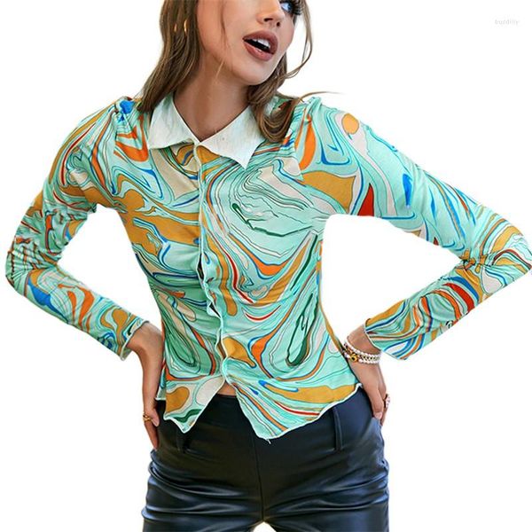 Chemisiers pour femmes Femmes Y2K Slim Shirt Tops Vintage Couleur Motif Imprimé Manches Longues Revers Bouton Fermeture Blouse E-girl 90s Harajuku Streetwear