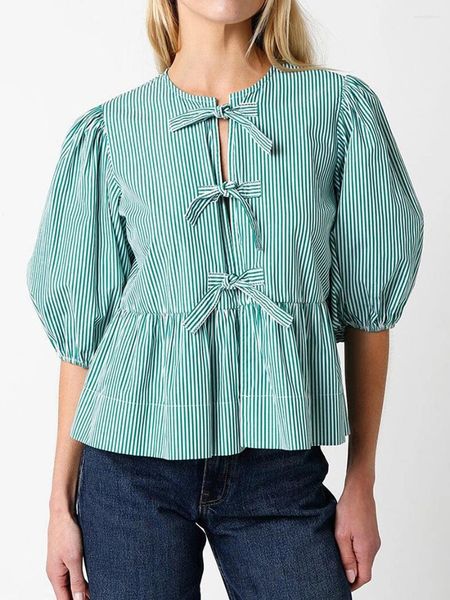 Blouses de femmes Femmes Y2k Stripe Peplum Shirts Puff Short Sleeve Tie Front Ruffle Hem Blouse Blouse Tops Tops Girls Adoles